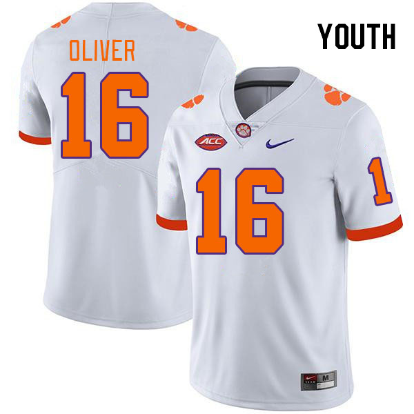 Youth #16 Myles Oliver Clemson Tigers College Football Jerseys Stitched-White - Click Image to Close